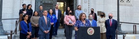 Sierra Club and other EJ groups gather on the front steps of City Hall 