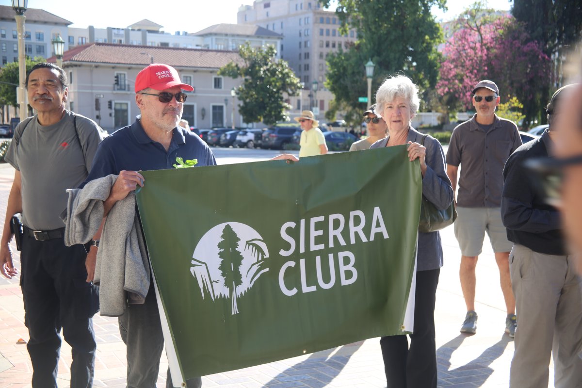 Pasadena Group Vice Chair George Vine and his Wife Judith holding the Sierra Club banner in front of Pasadena City Hall