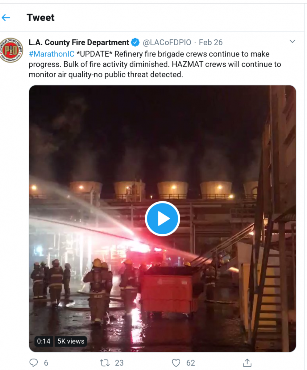 LA County Fire Dept at Carson Refinery Explosion & Fire @LACoFDPIO