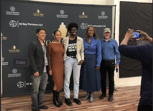 Damon Nagomi (NRDC), Kaela Thomas (Black Women for Wellness), Josiah Edwards (Sunrise LA), Supervisor Holly Mitchell and David Haake after a panel discussion on the need to phase out the Inglewood Oil Field at the Pan African Film Festival. (April 2022) 