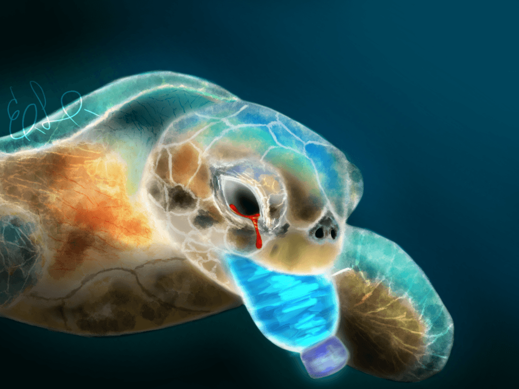 Artwork of a sea turtle choking on a plastic water bottle 
