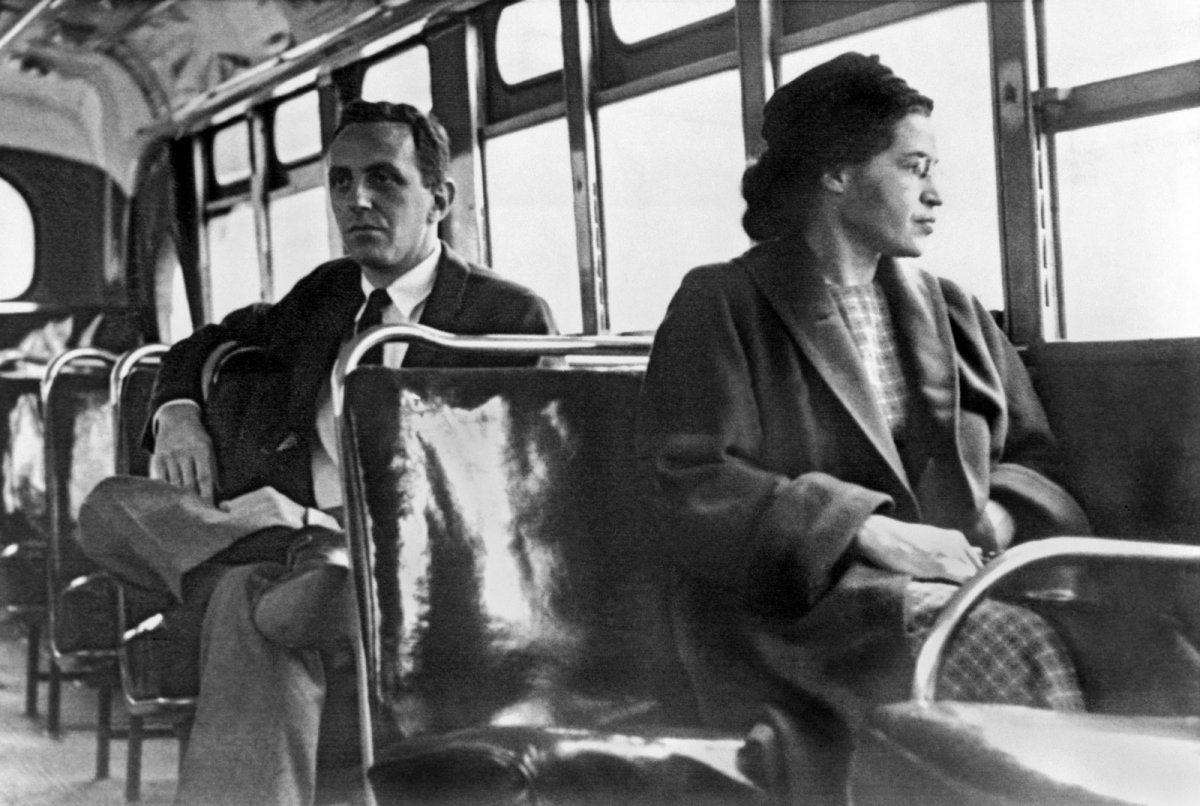 Rosa Parks sitting on a bus in Montgomery, Alabama, 1956. Underwood Archives/UIG/REX/Shutterstock.com